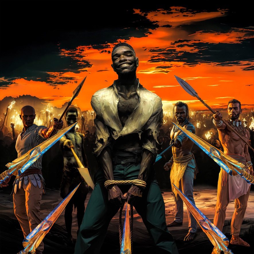 The Chosen One single artwork: a bound man smiling at sunset, surrounded by spears
