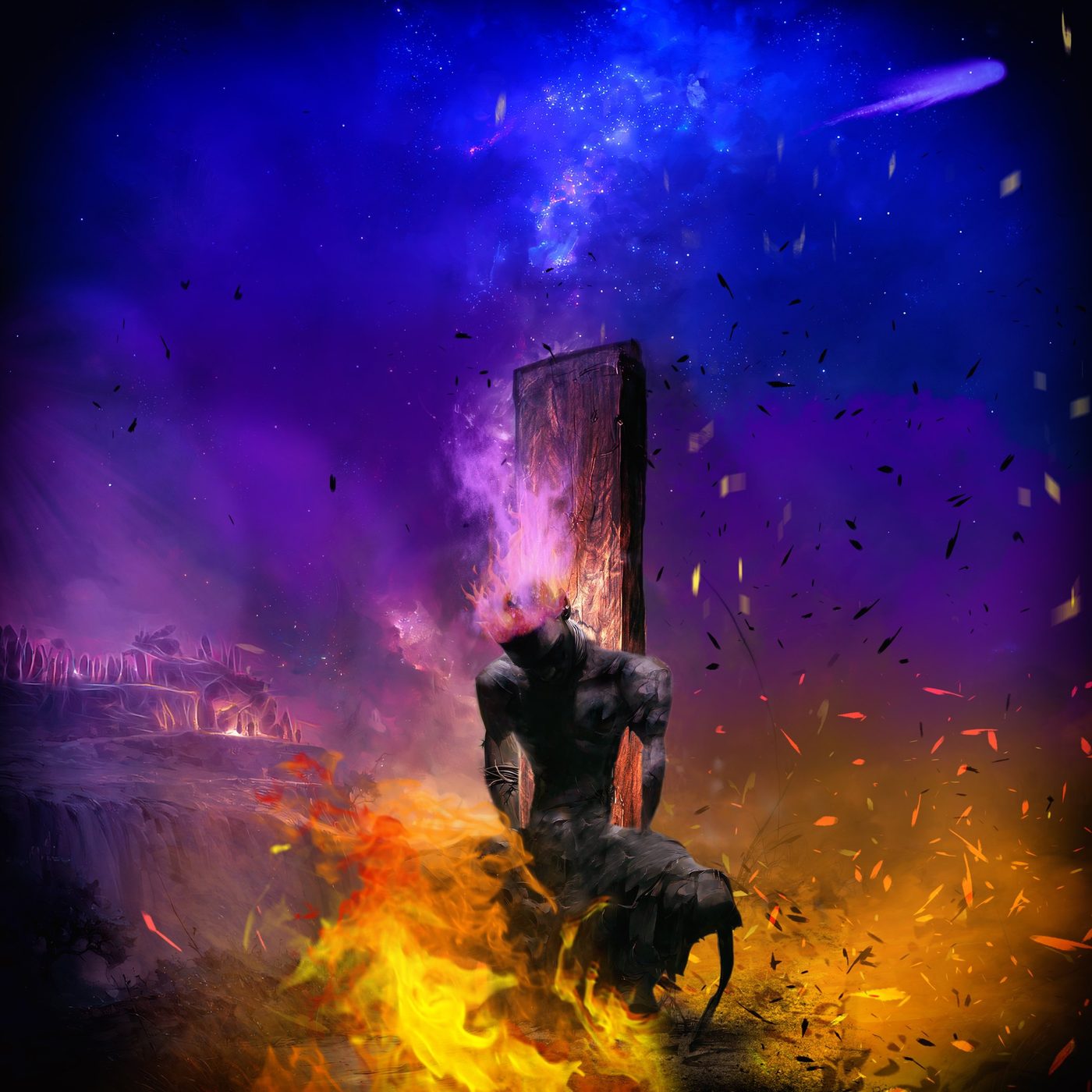 SUPERNOVA key art: a figure burning at the stake beneath a star-filled sky